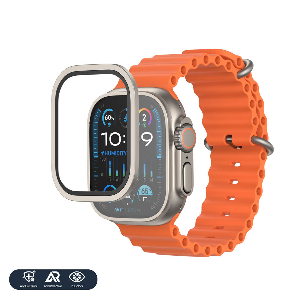 NanoArmour for Apple Watch Ultra 1 & 2 with ClearVue Anti-Reflective Tempered Glass Screen Protector: Aluminum Frame, Antimicrobial