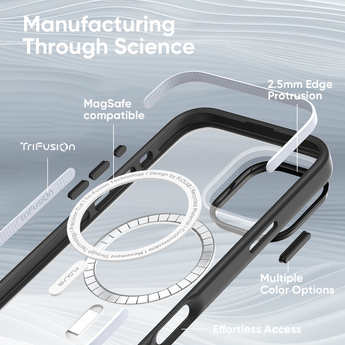 FLOLAB Surtect Tri-Fusion MagSafe Compatible Case – iPhone 16 Series (Black Frost White Ring)