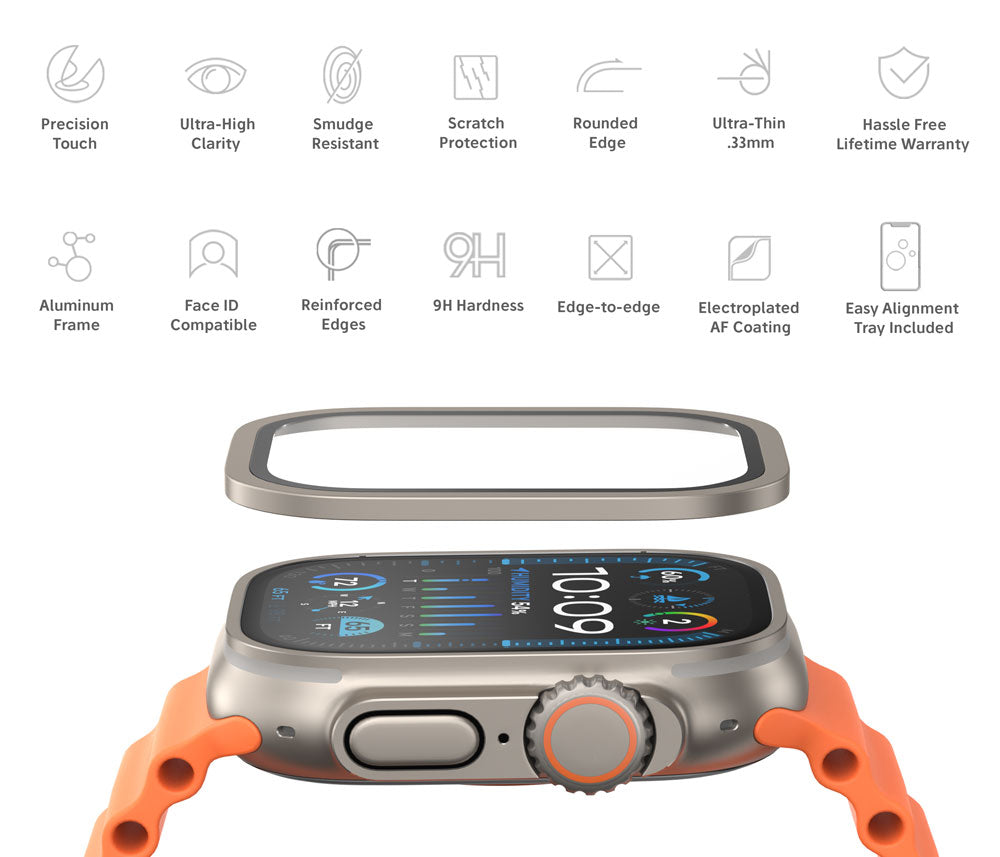 NanoArmour for Apple Watch Ultra 3 / Ultra 2 / Ultra 1 with ClearVue Anti-Reflective Tempered Glass Screen Protector: Aluminum Frame, Antimicrobial