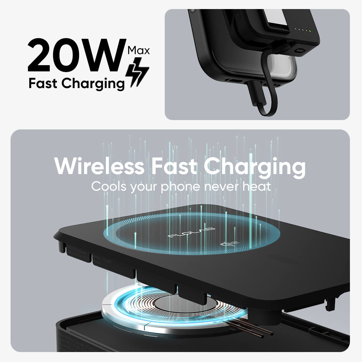 RESTOCKING - FLOLAB MagFLO Qi2 15W Wireless Power Bank, 20W PD charging- Kickstand, MagSafe Compatible, Fast Charging, Build in Cable