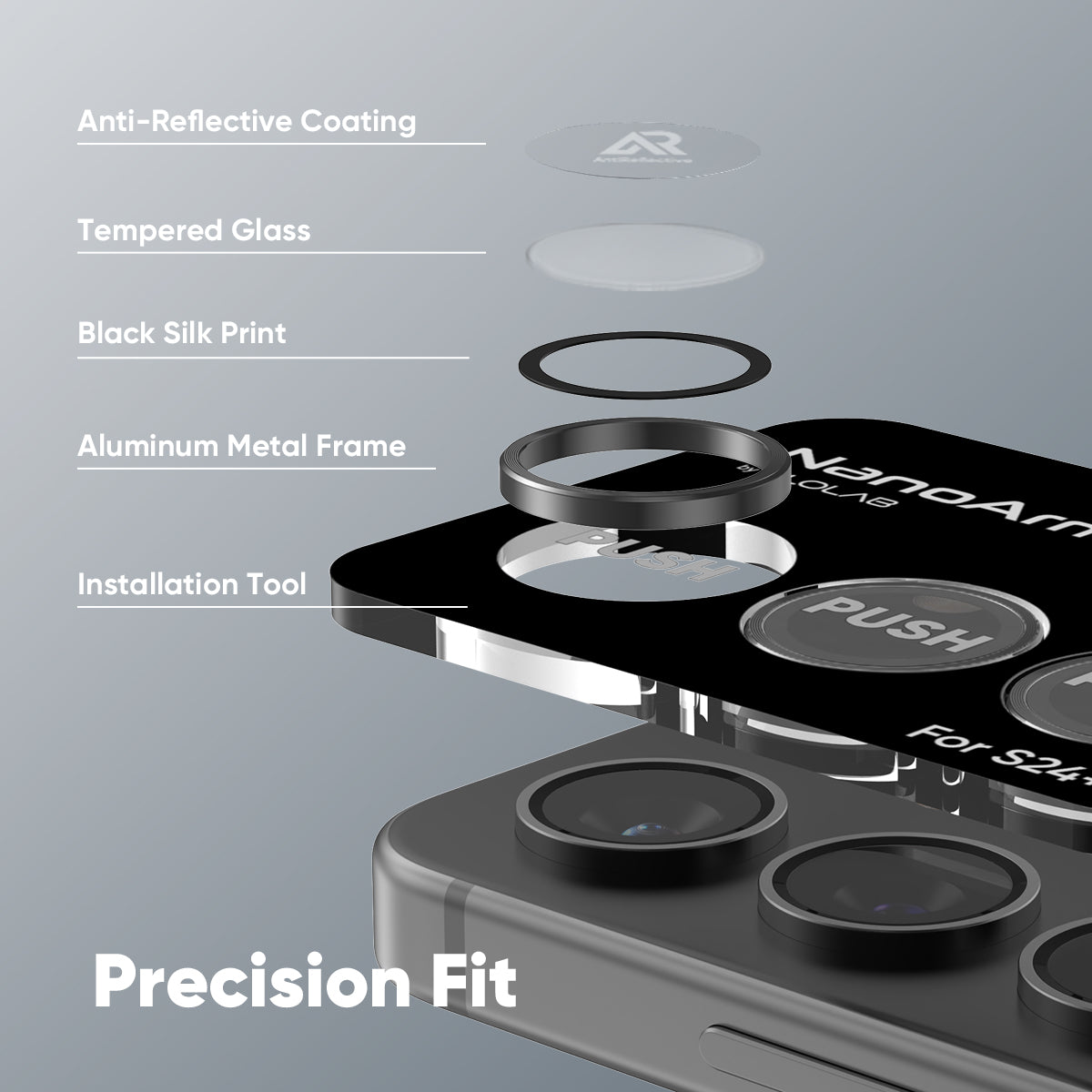 FLOLAB NanoArmour for Samsung Galaxy S24 Camera Lens Protector, Tempered Glass, Aluminum Camera Ring, Anti Reflective TruColors Crystal Clear