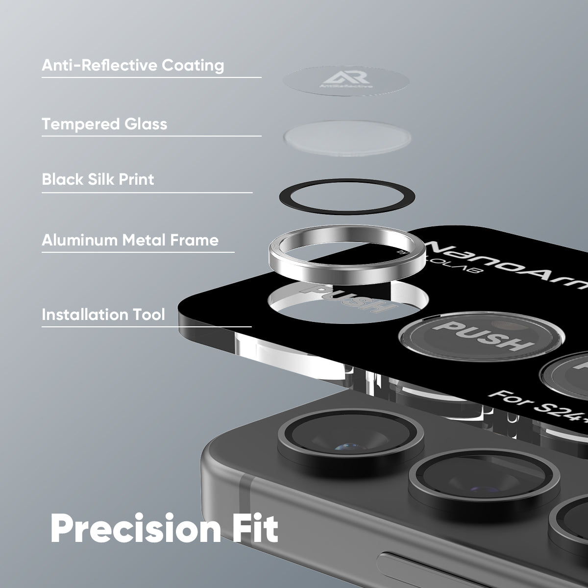 FLOLAB NanoArmour for Samsung Galaxy S24 Camera Lens Protector, Tempered Glass, Aluminum Camera Ring, Anti Reflective TruColors Crystal Clear